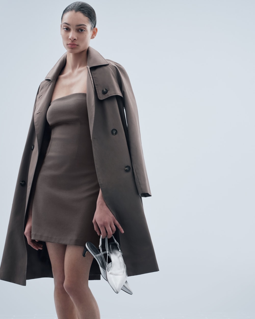 The Modern Trench Coat in Deep Taupe — detail view