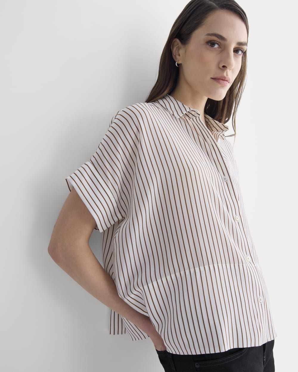 The Boxy Shirt in Washable Silk in Bone / Toffee Stripe — detail view