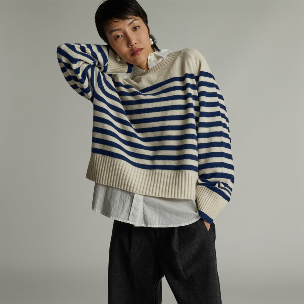 The Cashmere Boxy Crew in Bright Navy / Bone — front view