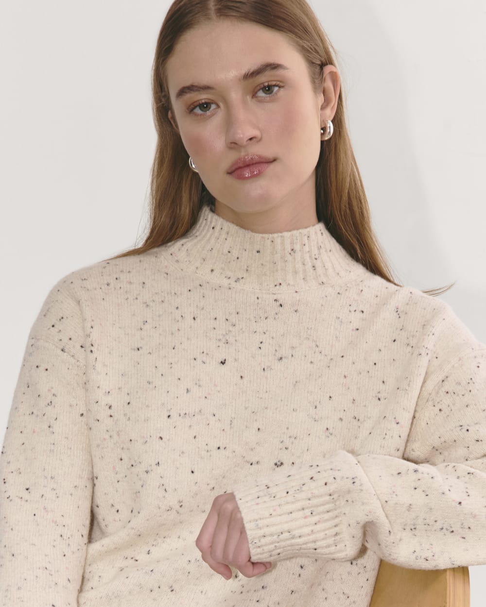 The Mockneck Sweater in Plush Cotton in Cream Confetti — detail view