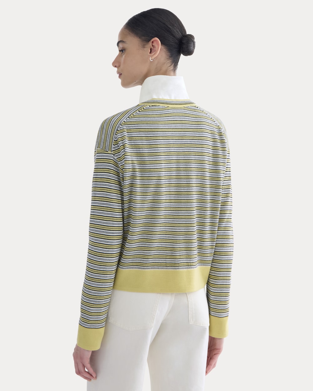 Crew Cardigan in Ultrasoft Merino in Double Cream Multi Stripe — detail view