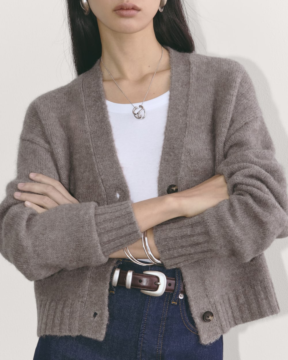 The Boxy Cardigan in Alpaca in Taupe Melange — detail view
