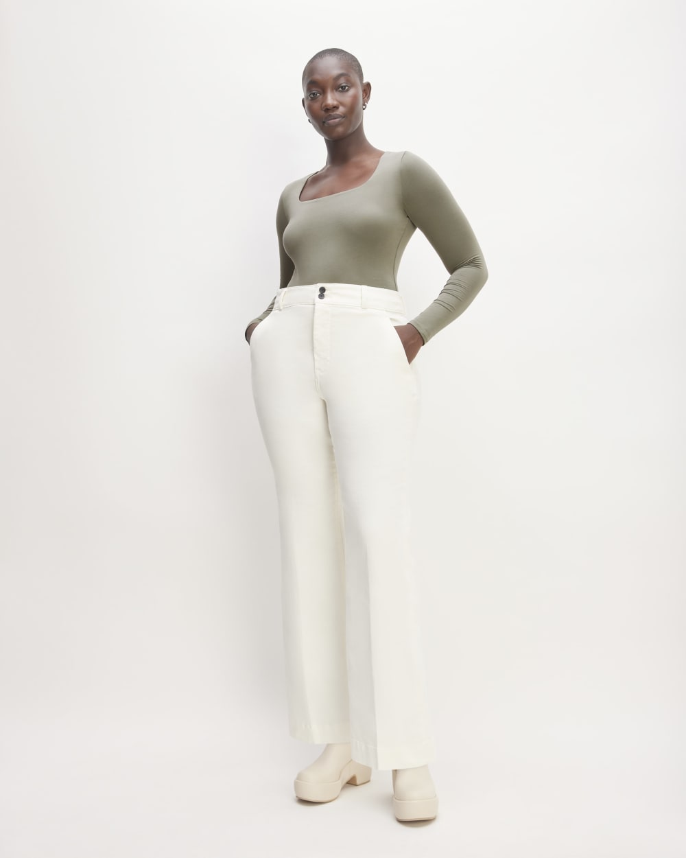 The Long-Sleeve Supima® Square-Neck Bodysuit in Dark Sage — front view
