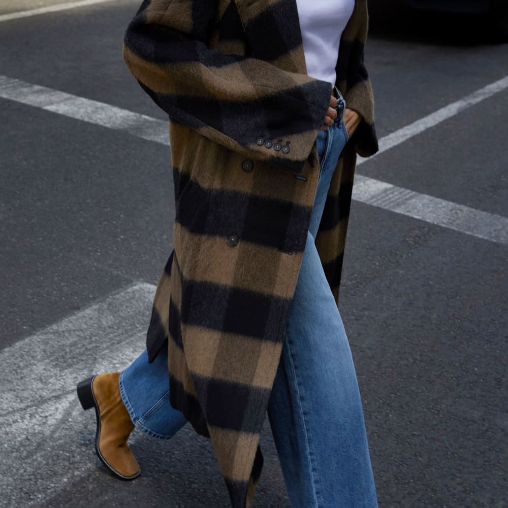 The Brushed Italian ReWool® Peacoat in Camel Buffalo Check — detail view
