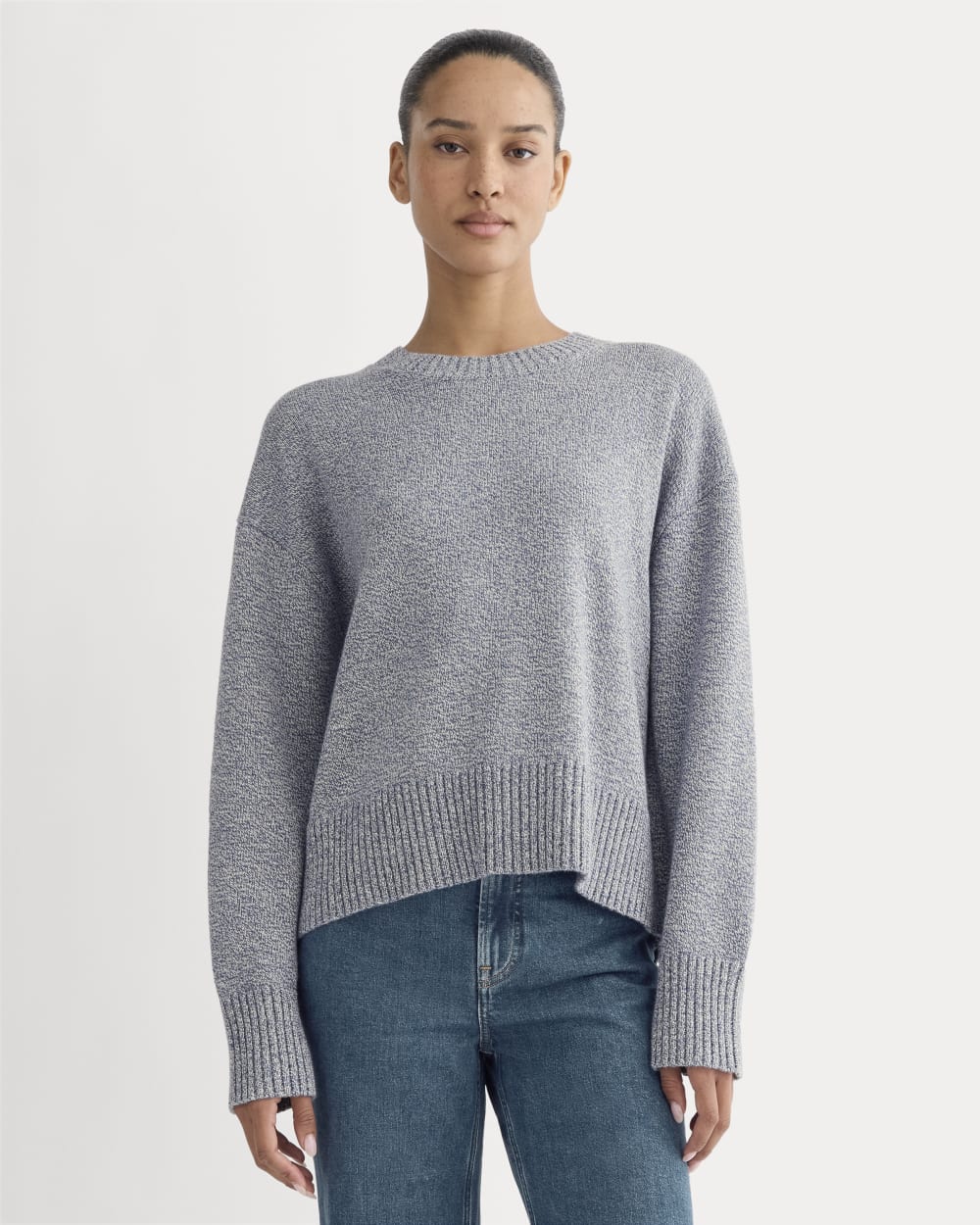 The Boxy Sweater in Everyday Cotton in Blue Indigo/Canvas Twist — front view