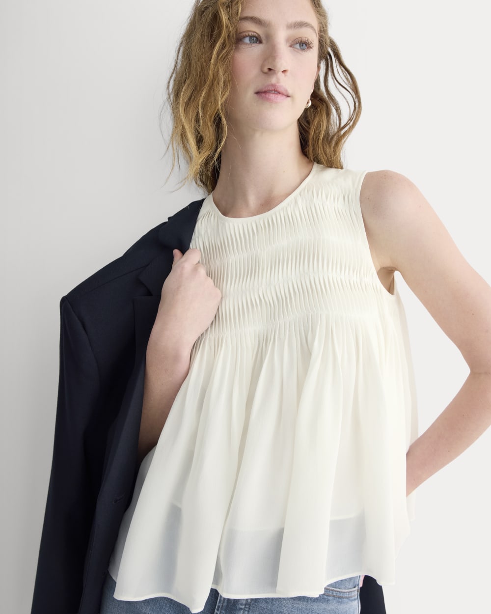 Twisted Pleat Tank in Silk Georgette in Bone — detail view