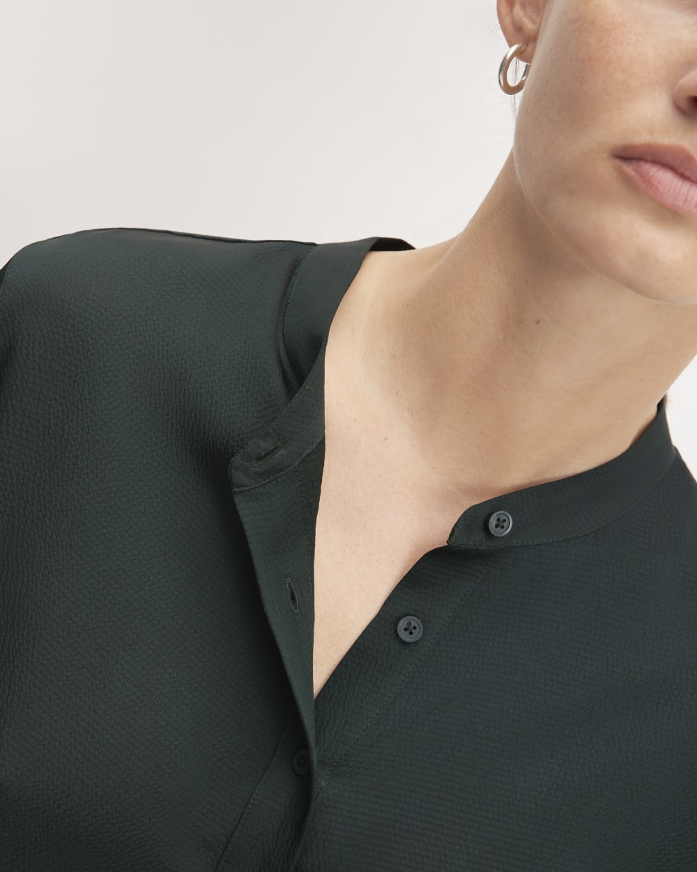 The Hammered Satin Popover Shirt in Scarab — detail view