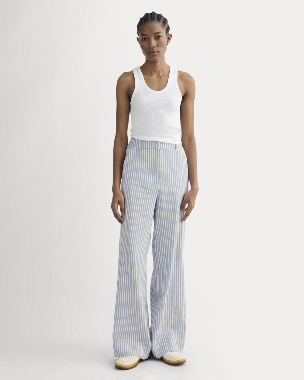 The Wide-Leg Pant in Stretch Linen in Bluebell / Bone — front view