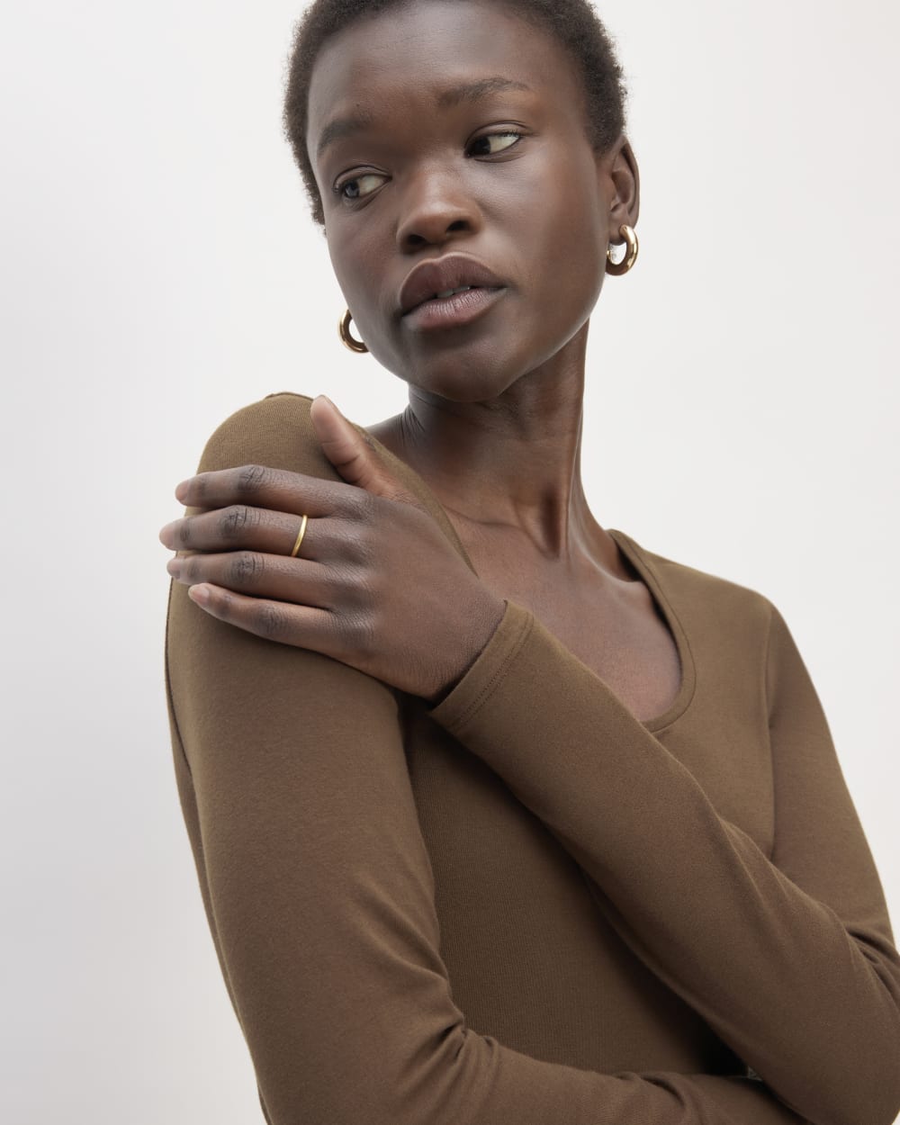 The Long-Sleeve Riviera Dress in Cocoa — detail view