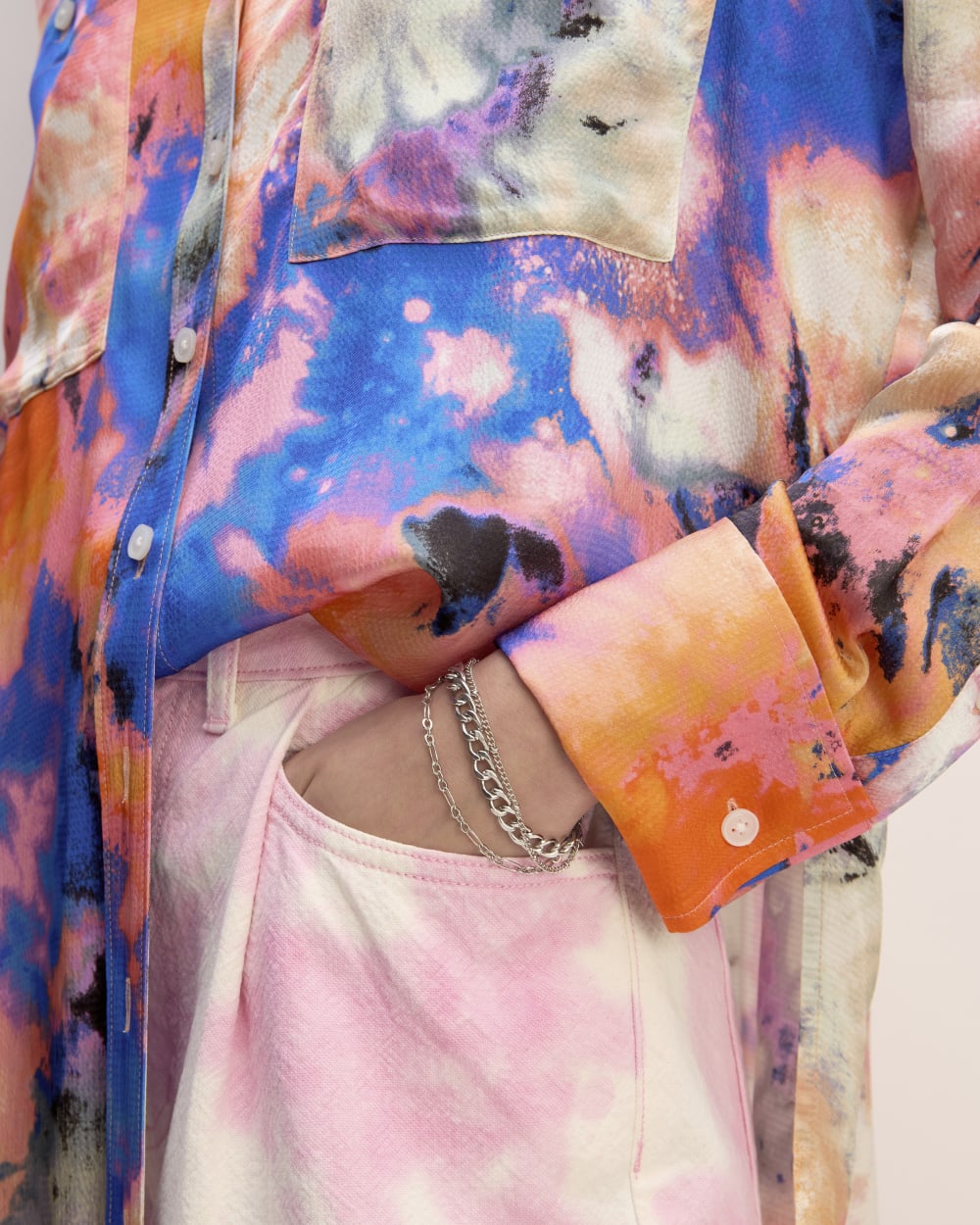 The Everlane x Marques' Almeida Satin Tie-Dye Shirt in Multi Tie-Dye — detail view