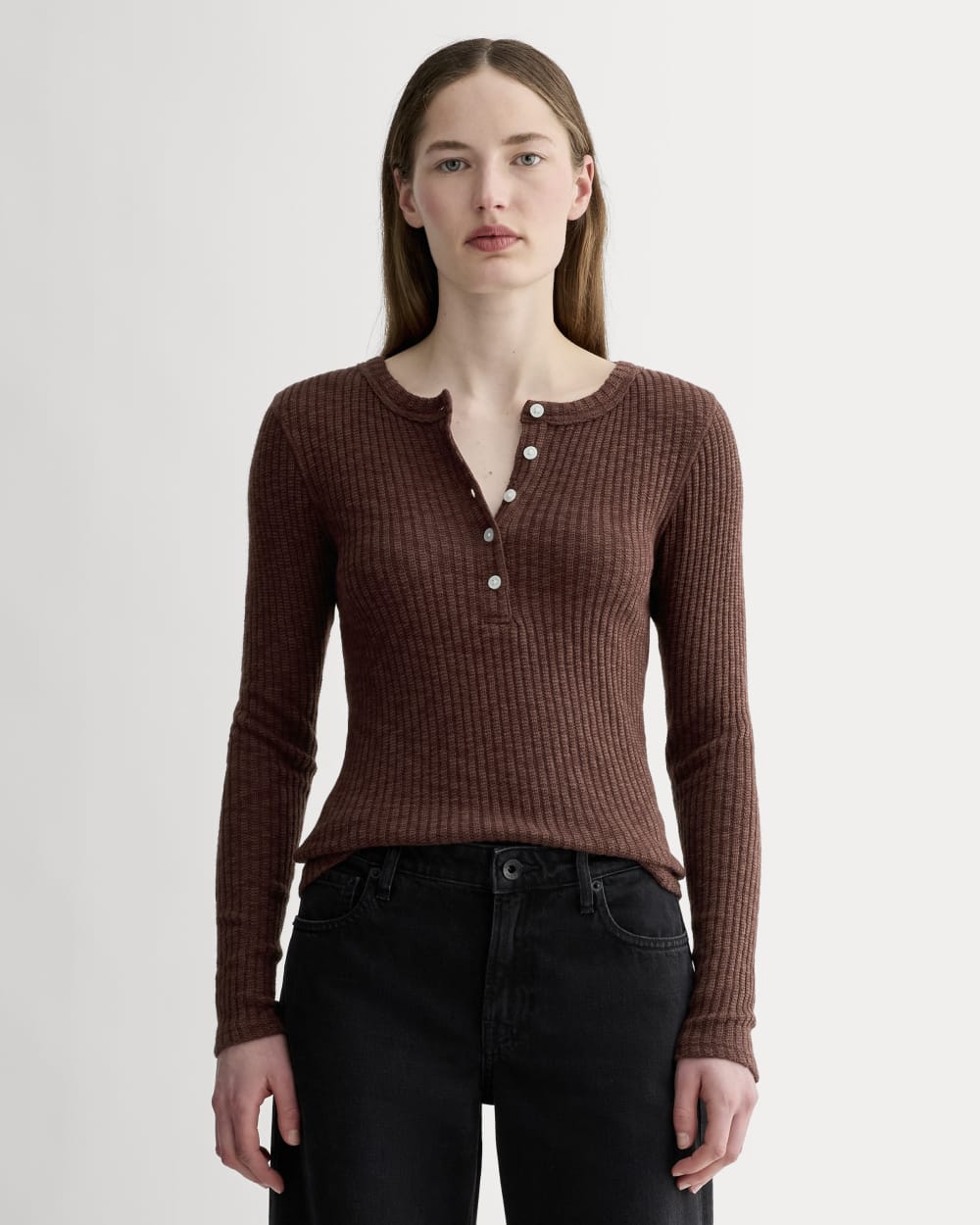 The Cozy Rib Henley in Dark Mahogany — front view