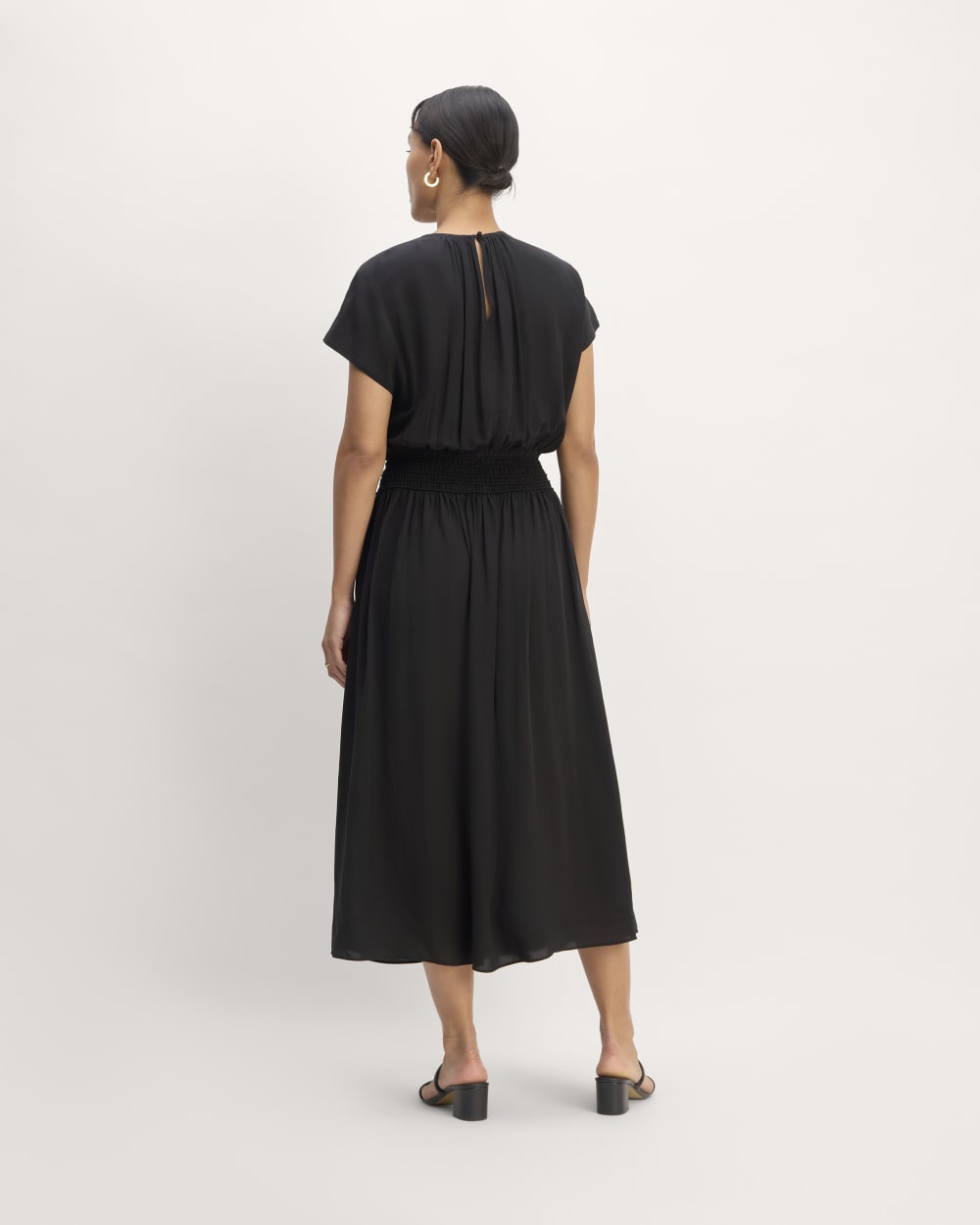 The Gathered Midi Dress in Black — detail view