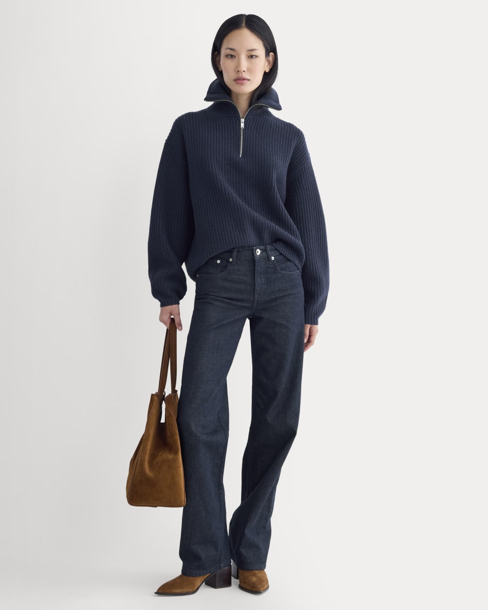 The Half-Zip Sweater in Luxe Merino in Navy — detail view