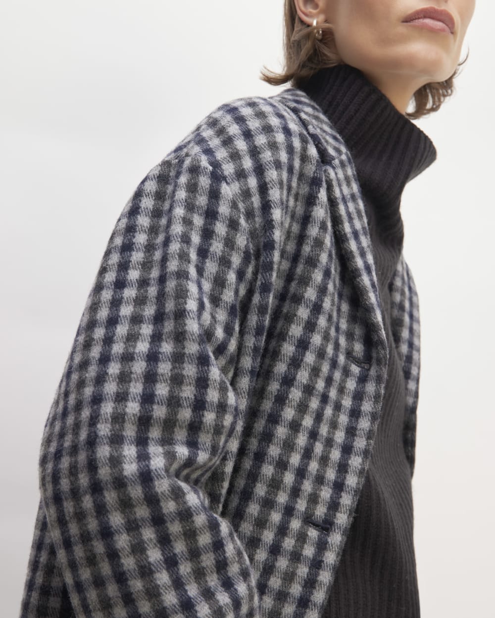 The Italian ReWool® Cocoon Coat in Grey / Charcoal / Navy Check — detail view