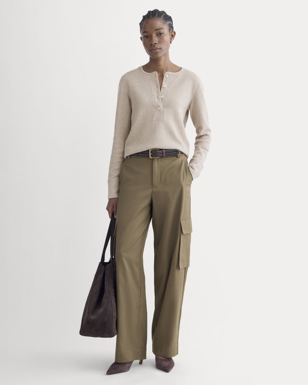 Boxy Henley in Cozy Waffle in Heathered Oatmeal — detail view