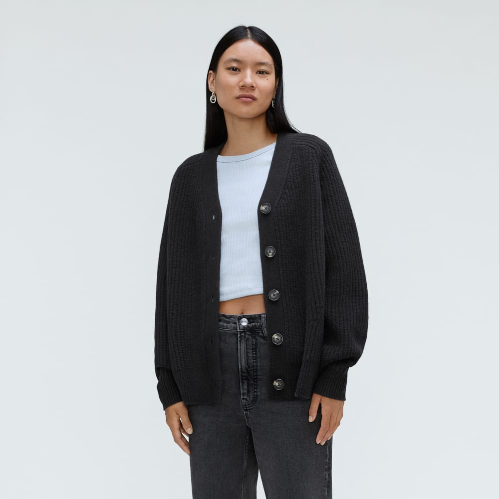 The Felted Merino Cardigan in Black — front view