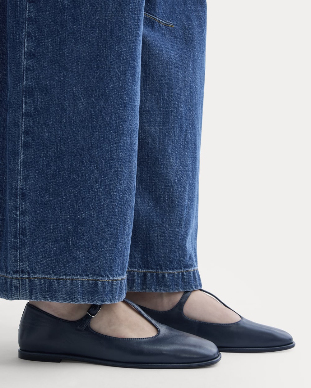 The Leather T-Strap Flat in Navy — detail view