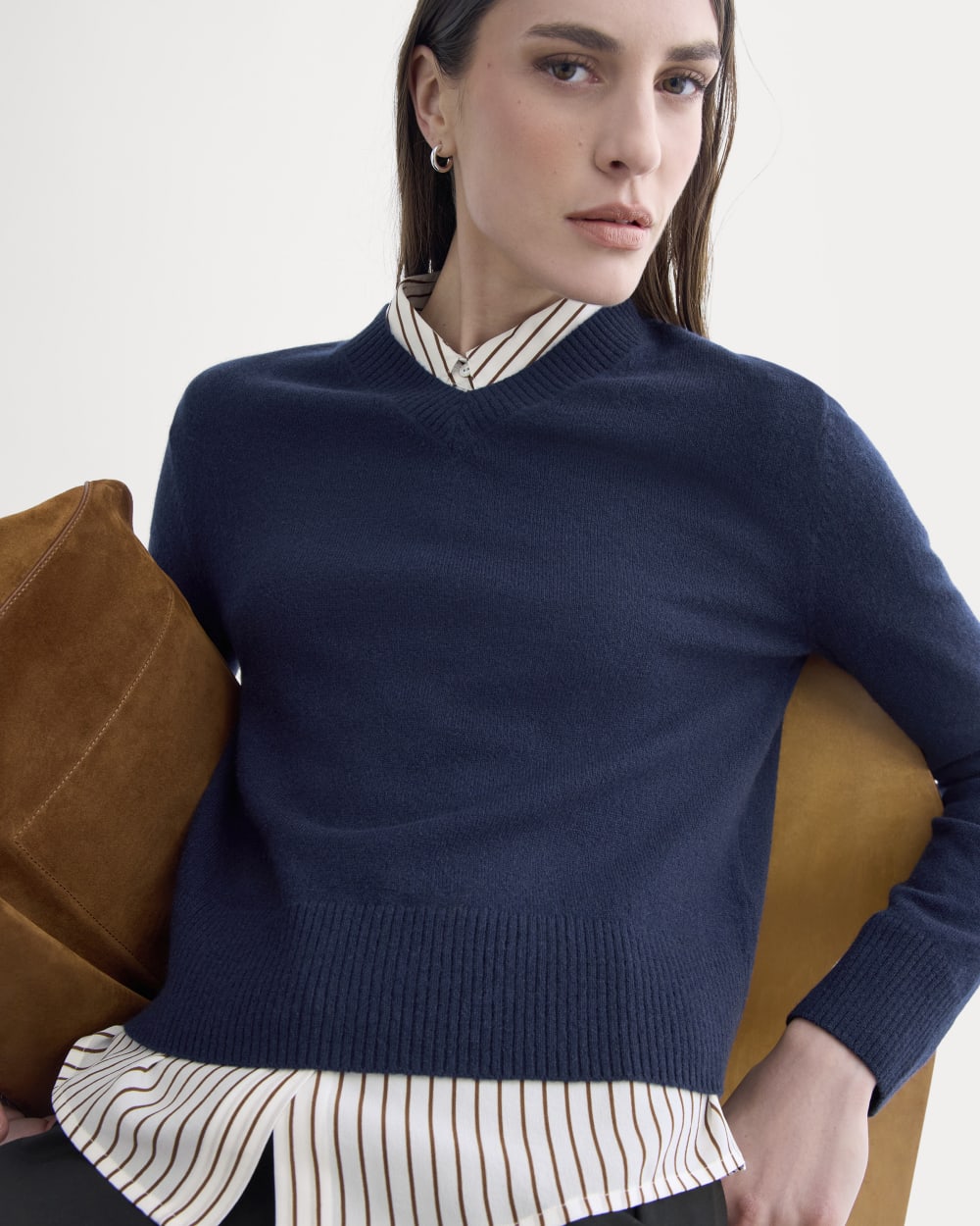 Cashmere Cropped High-V Sweater in Navy — front view