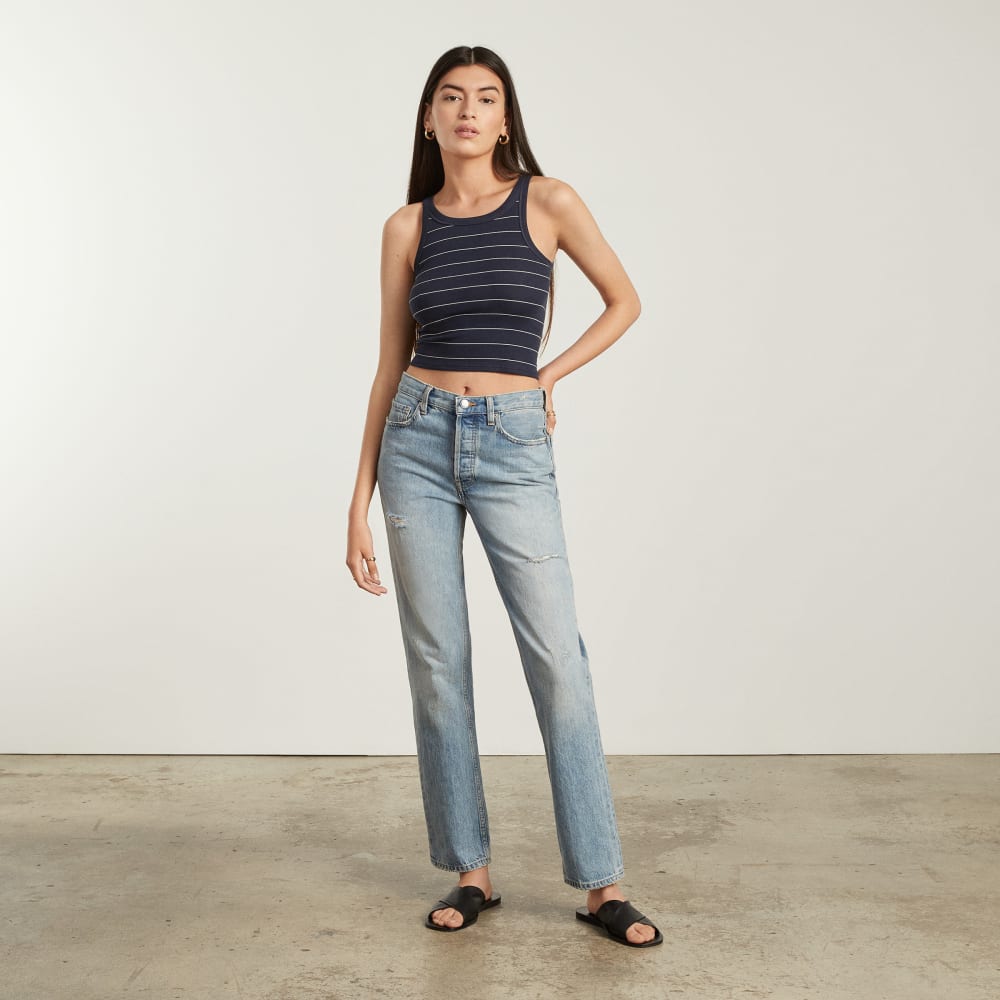 The Pima Micro-Rib Short Tank in Navy / White — detail view