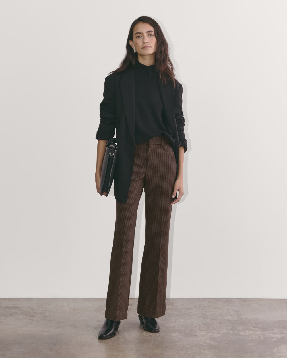The Bi-Stretch Flare Pant in Brown Houndstooth — front view