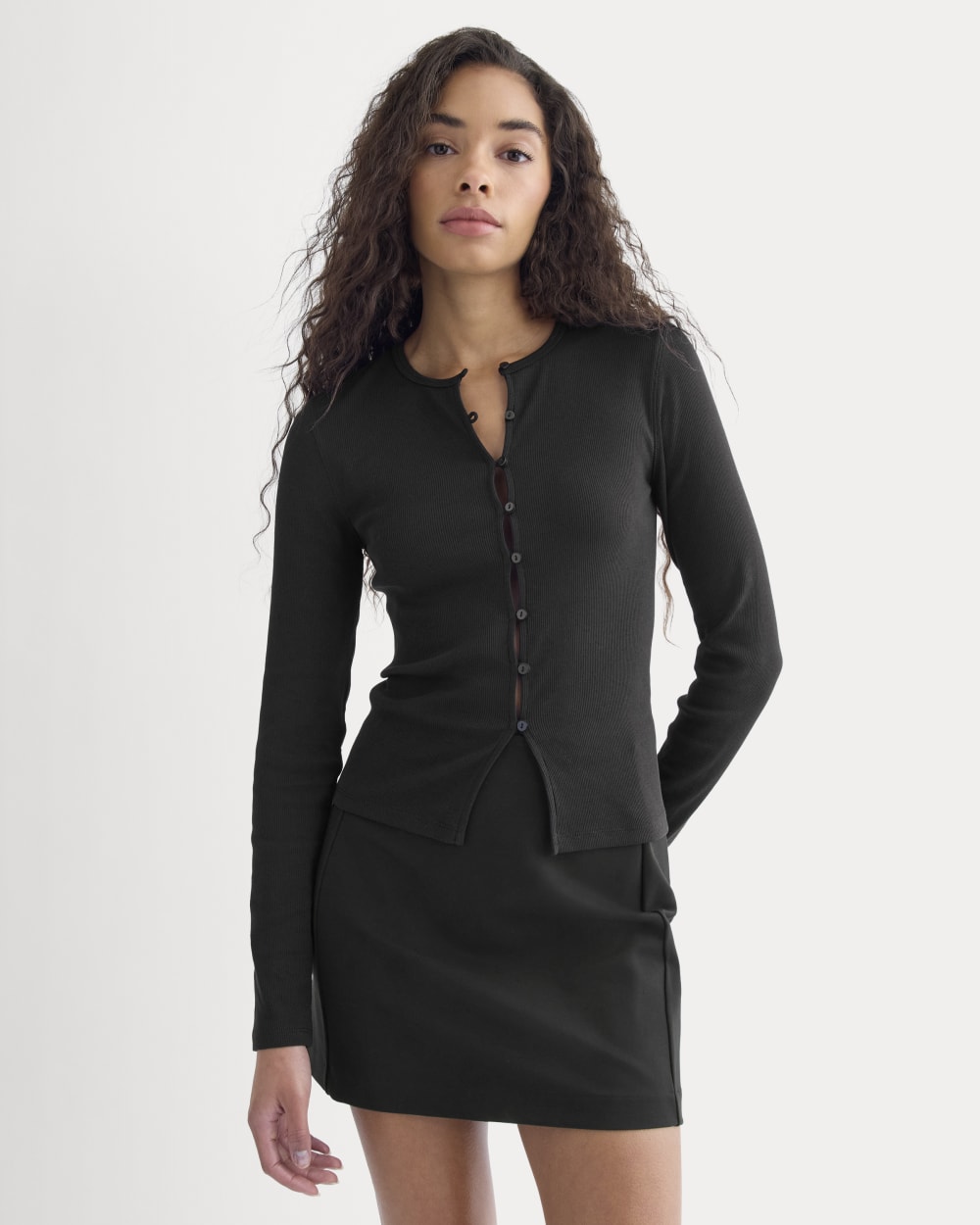 Luxe Rib Button-Up Top in Black — front view