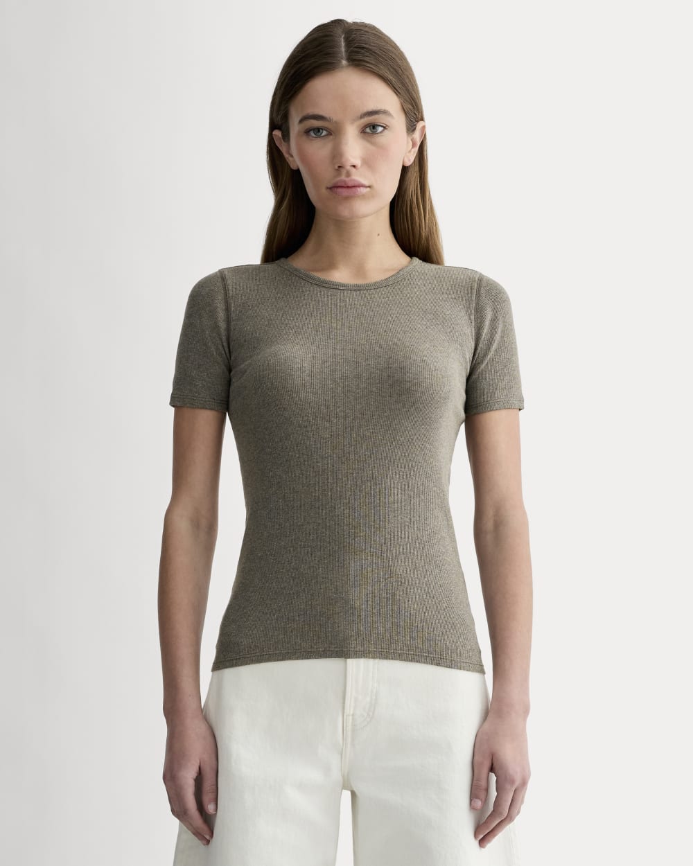 The Luxe Rib Crew in Heathered Fatigue — front view