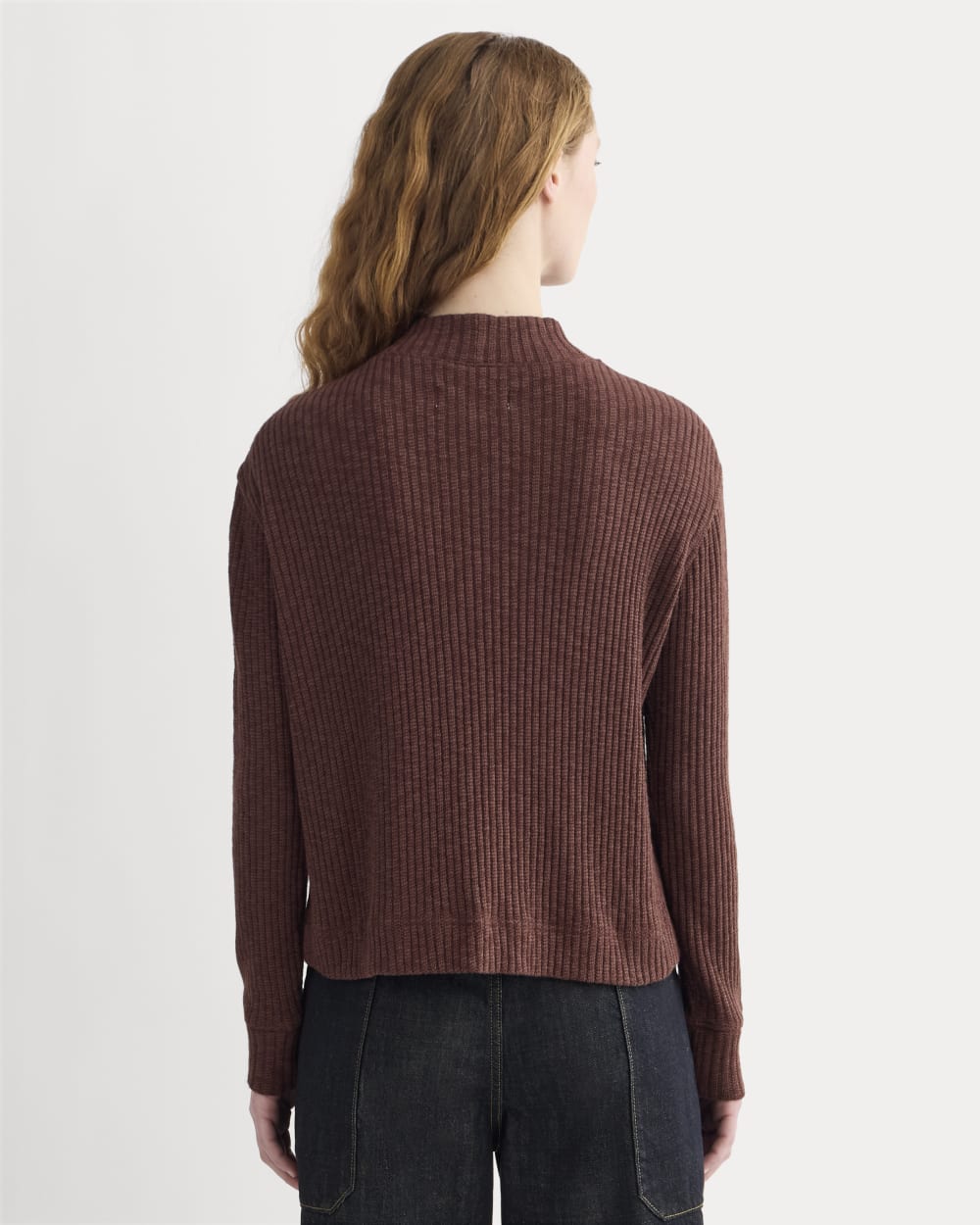 The Cozy Rib Funnel-Neck in Dark Mahogany — detail view