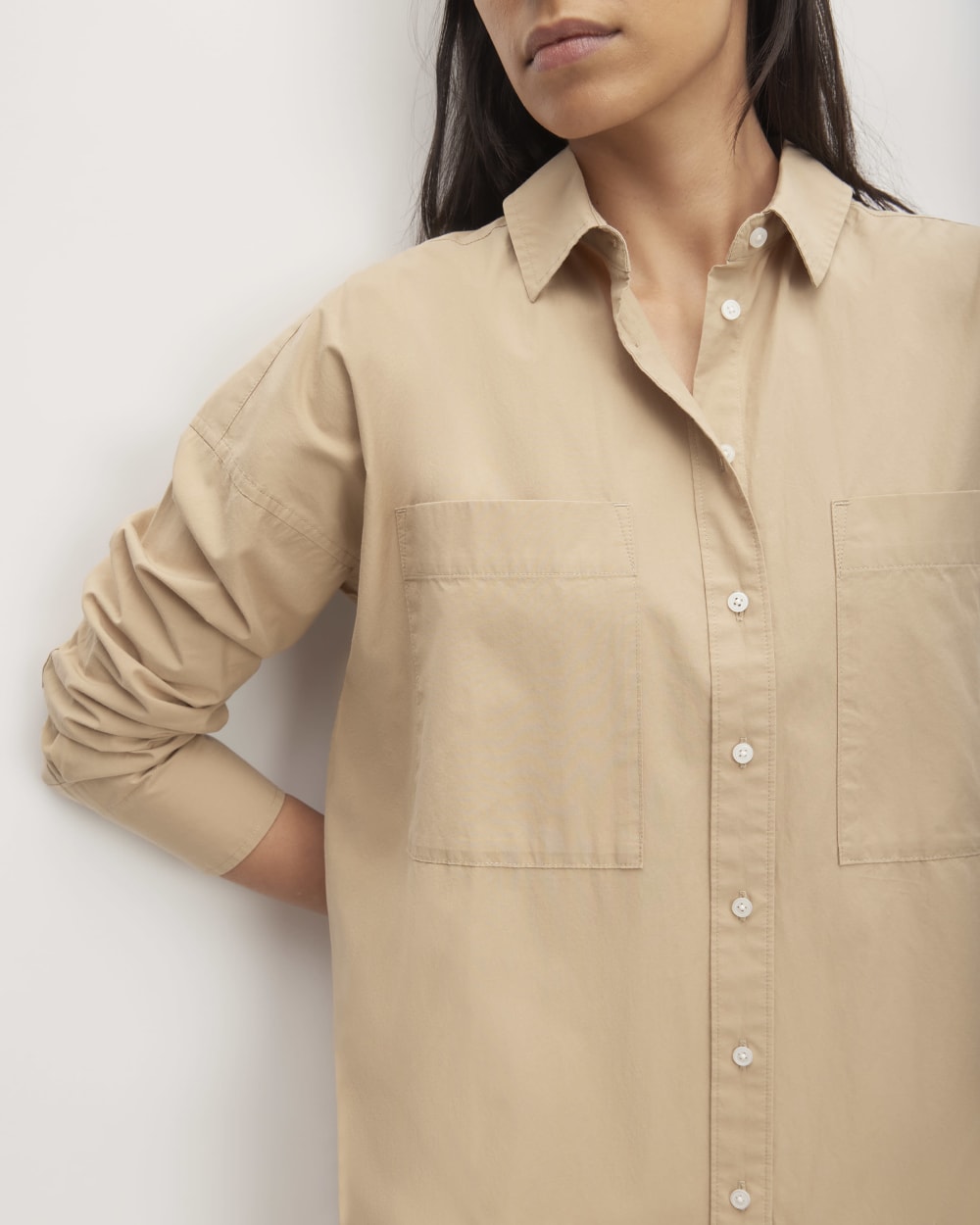 The Midi Cotton Shirt Dress in Cornstalk — detail view