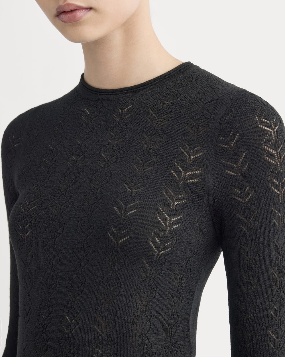 The Pointelle Crew in Ultrasoft Merino in Black — detail view