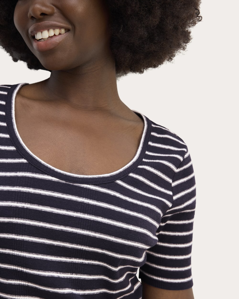 The Vintage Rib Scoop-Neck Top in Navy / Bone — detail view