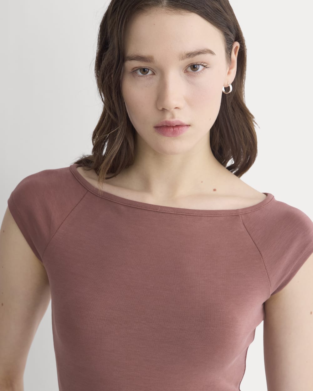 Boatneck Cap-Sleeve Top in Butterknit in Henna Red — detail view