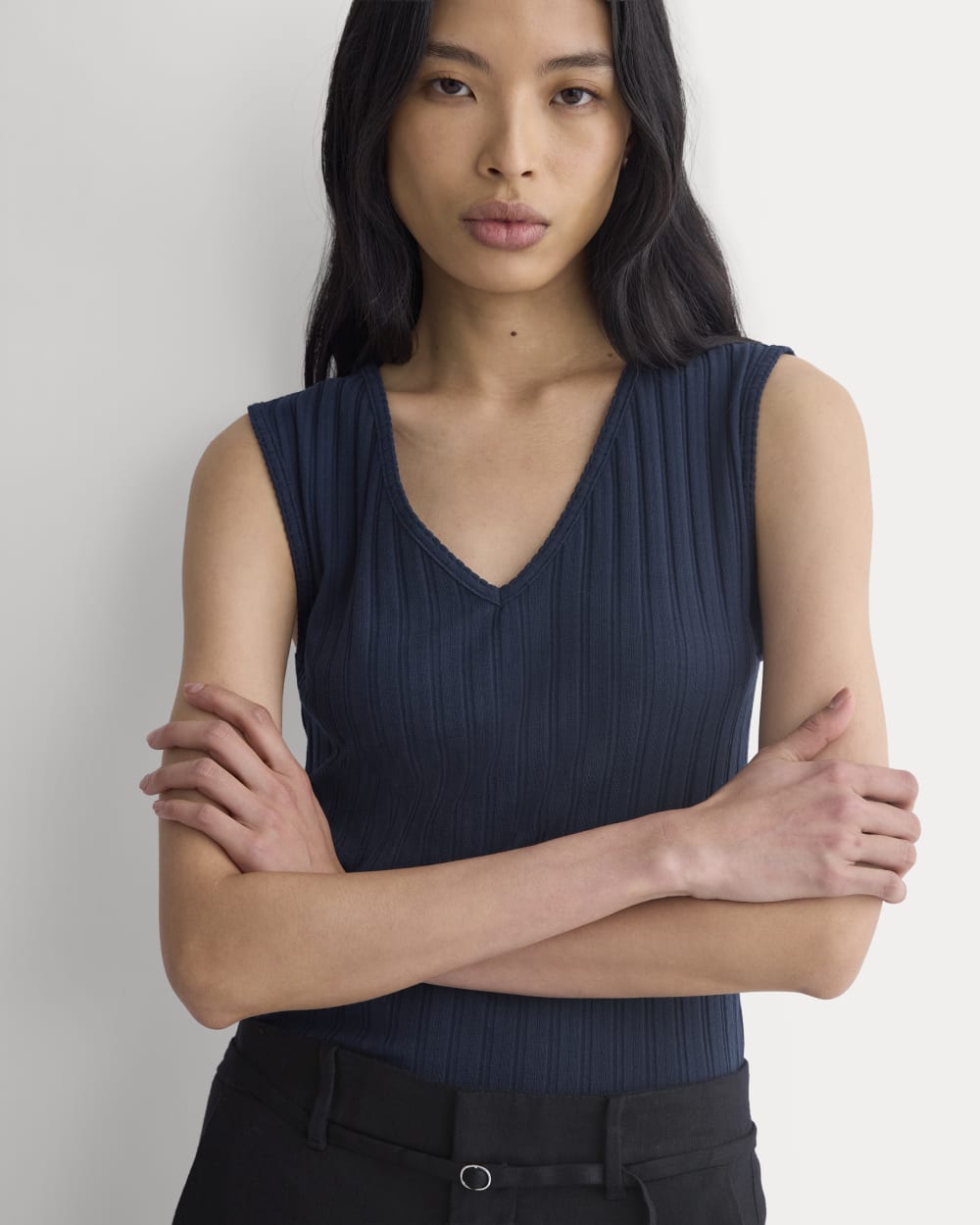 V-Neck Tank in Pointelle in Deep Navy — detail view
