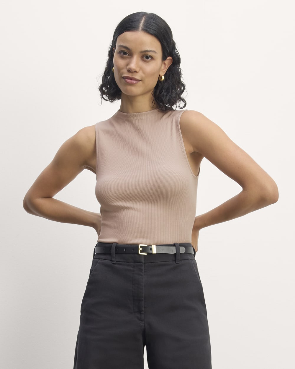 The Luxe Rib Funnel-Neck Tank in Dusty Rose — front view