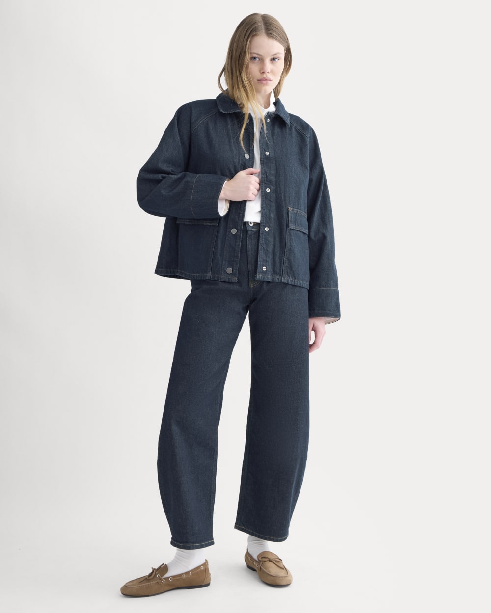 Cropped Denim Jacket in Garment-Dyed Indigo — detail view