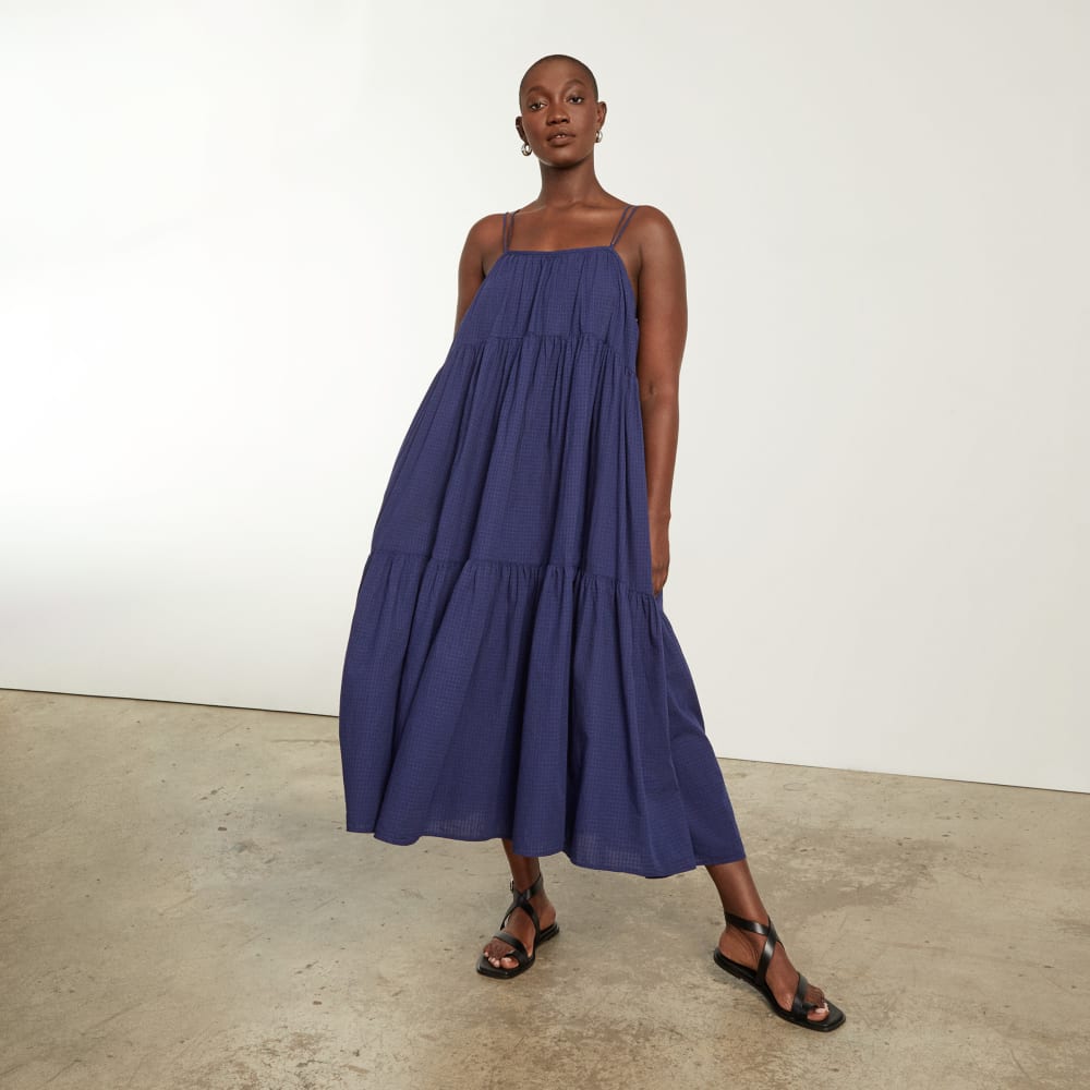 The Billow Tiered Maxi Dress in Navy — detail view