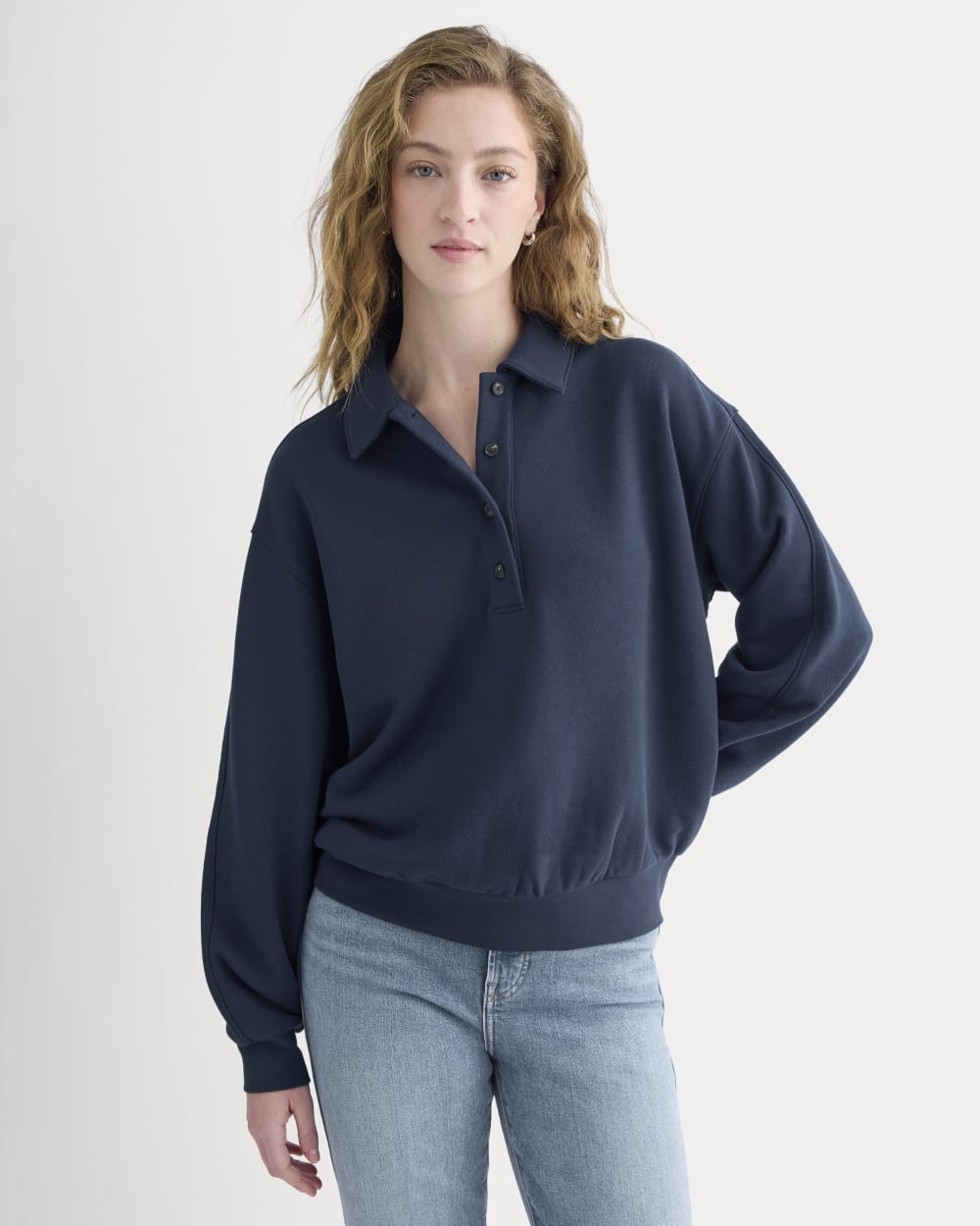 Lightweight Terry Polo Sweatshirt in Navy — front view
