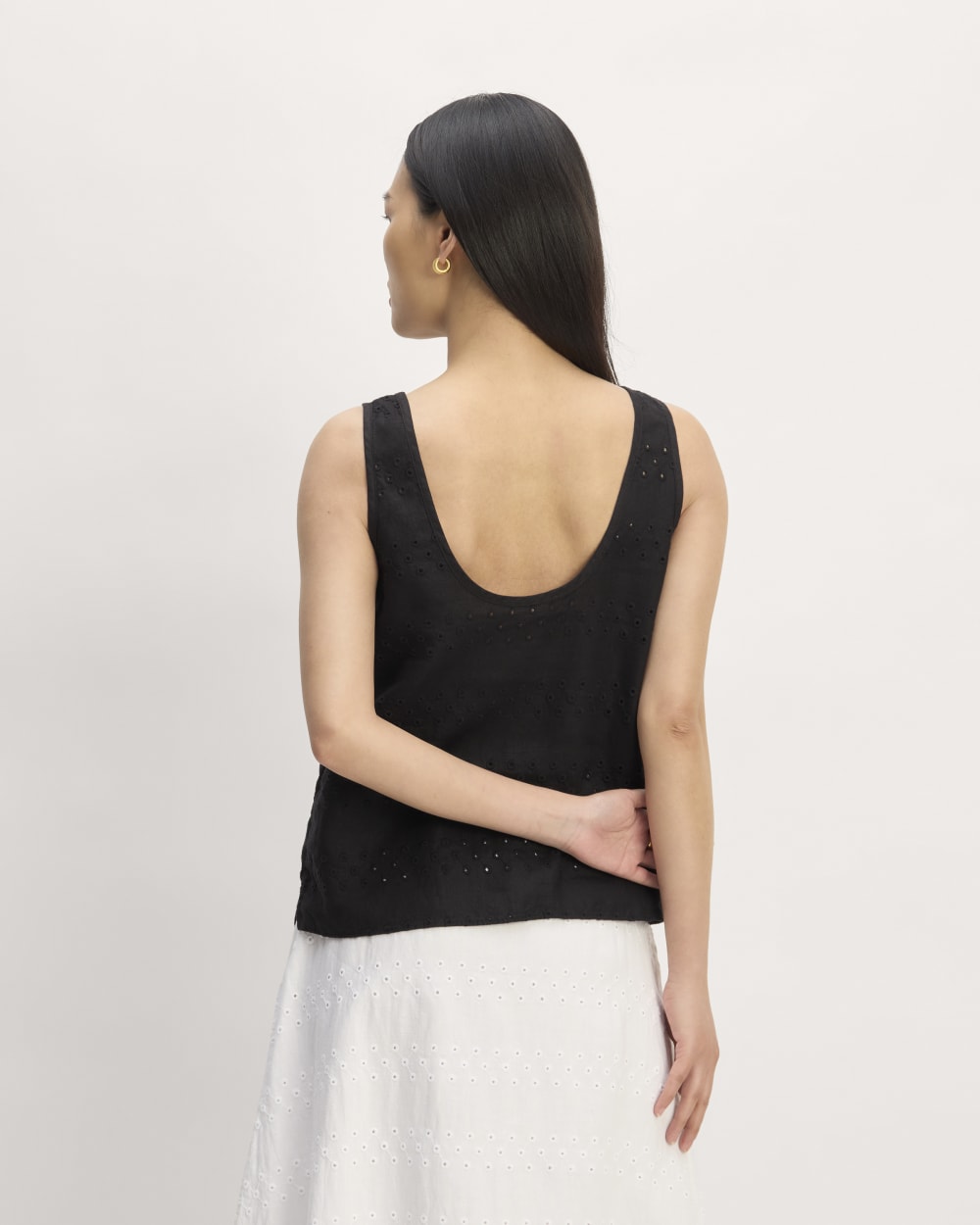 The Linen Eyelet Scoop-Neck Tank in Black Eyelet — detail view