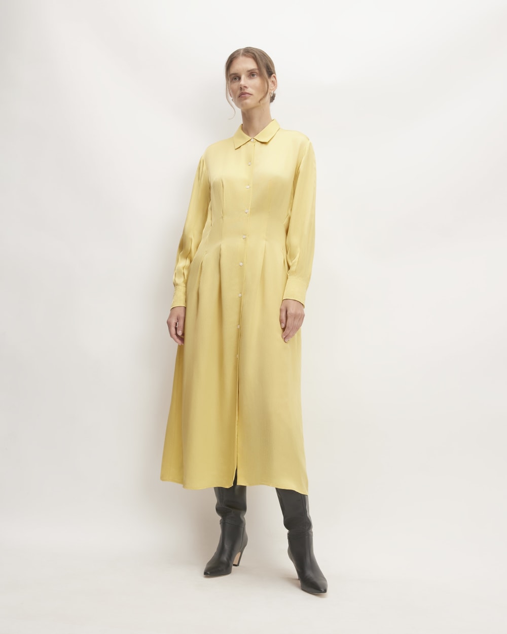 The Hammered Satin Shirt Dress in Raffia — front view