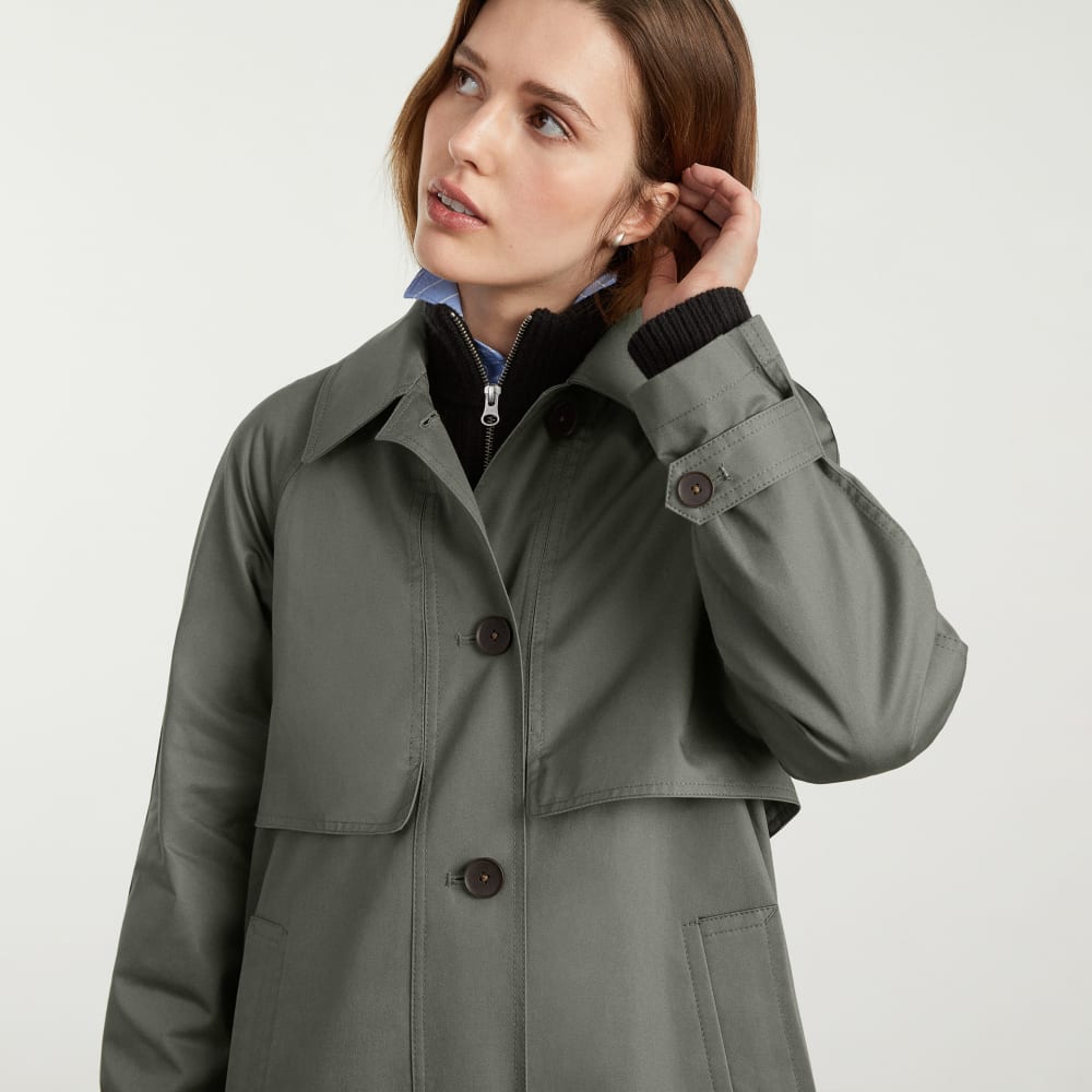 The Long Mac Coat in Pewter Green — detail view