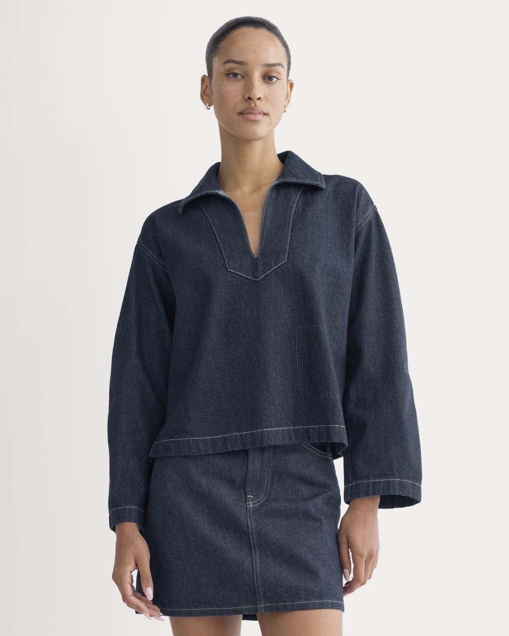 The Cropped Denim Tunic in Tungsten Rinse — front view