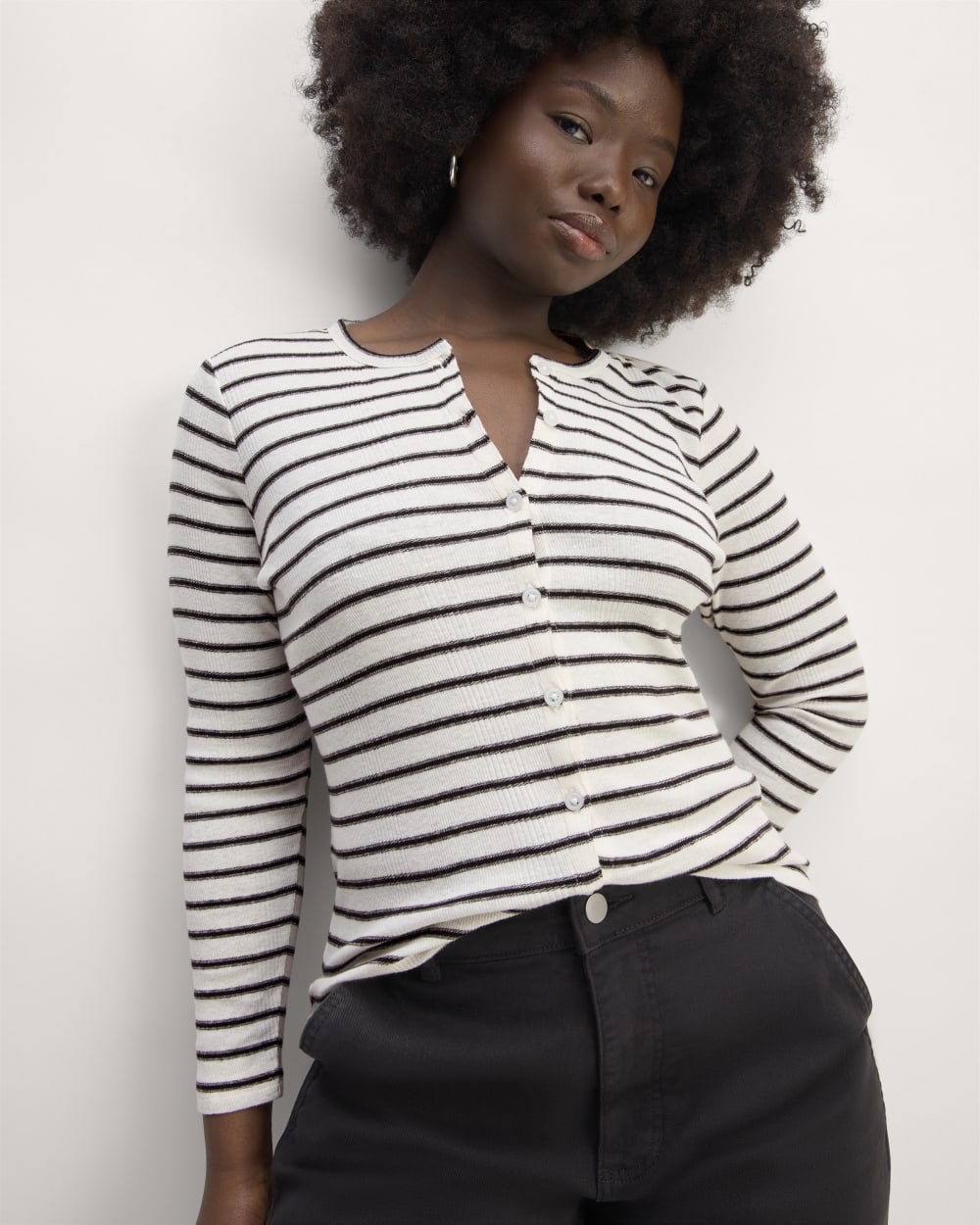 The Vintage Rib Cardigan in Bone / Black — front view