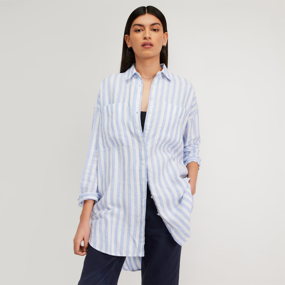 The Way-Long Linen Shirt in Blue / White — front view