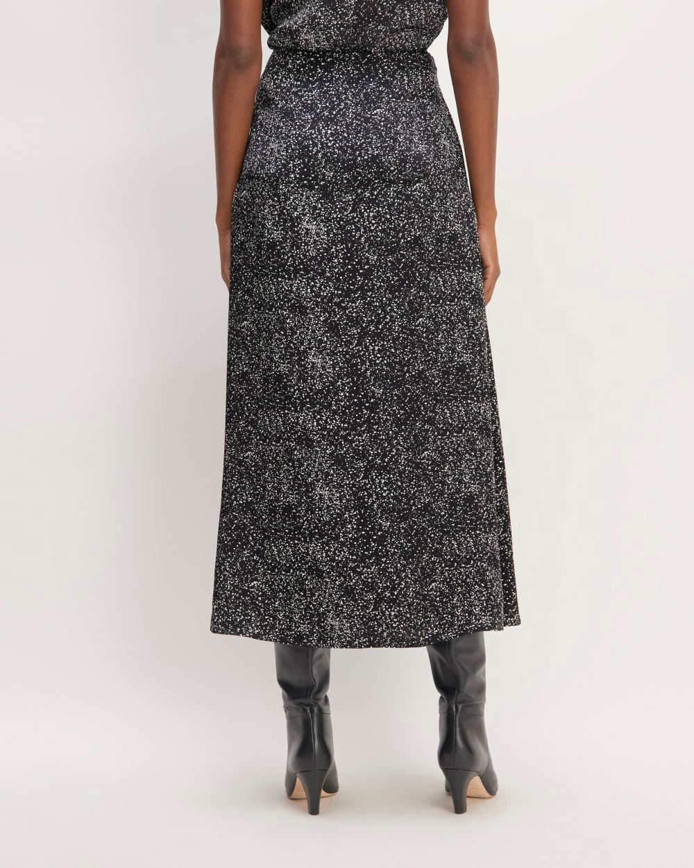 The Hammered Satin Slip Skirt in Black Moonsplatter — detail view
