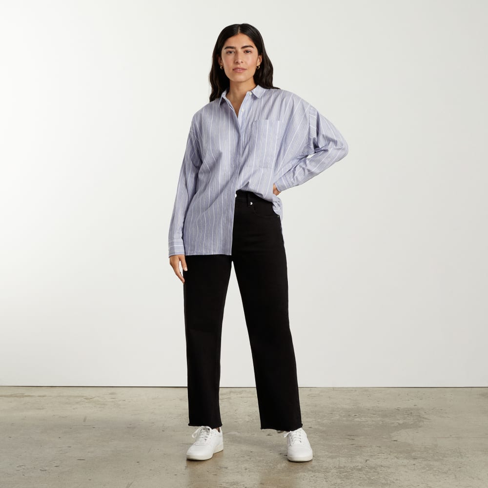 The Oversized Silky Cotton Shirt in Slate Blue — detail view