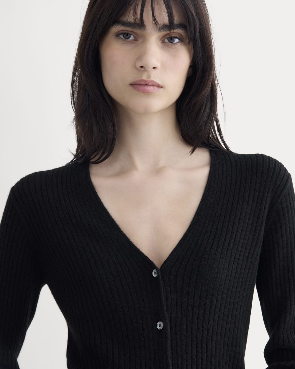 Cashmere Ribbed V-Neck Cardigan in Black — detail view
