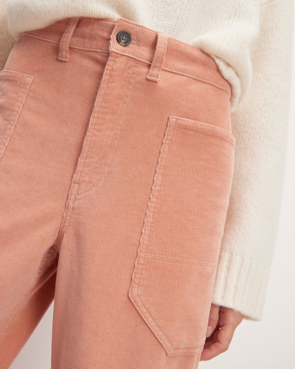 The Corduroy Gardener Pant in Blush Pink — detail view