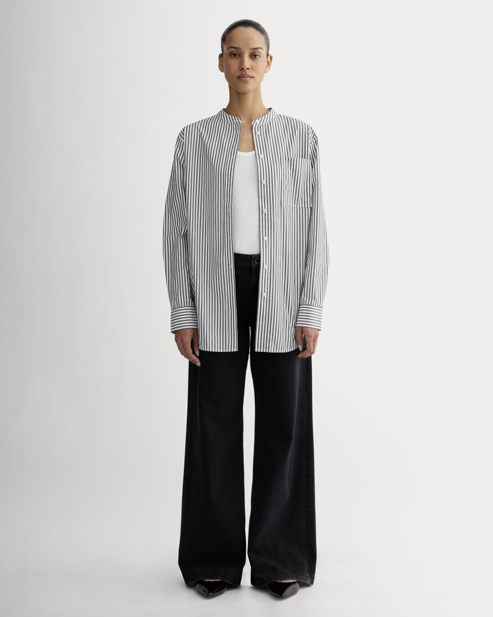 The Oversized Shirt in Ultrasoft Cotton in Optic White / Black — detail view