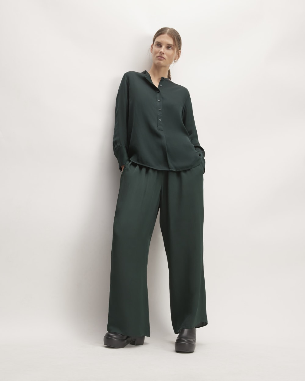 The Hammered Satin Popover Shirt in Scarab — detail view