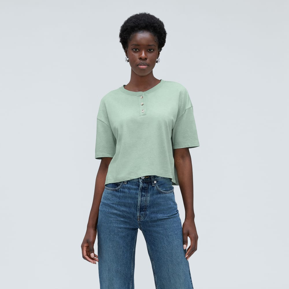 The Vintage Henley Hemp Tee in White Sage — front view