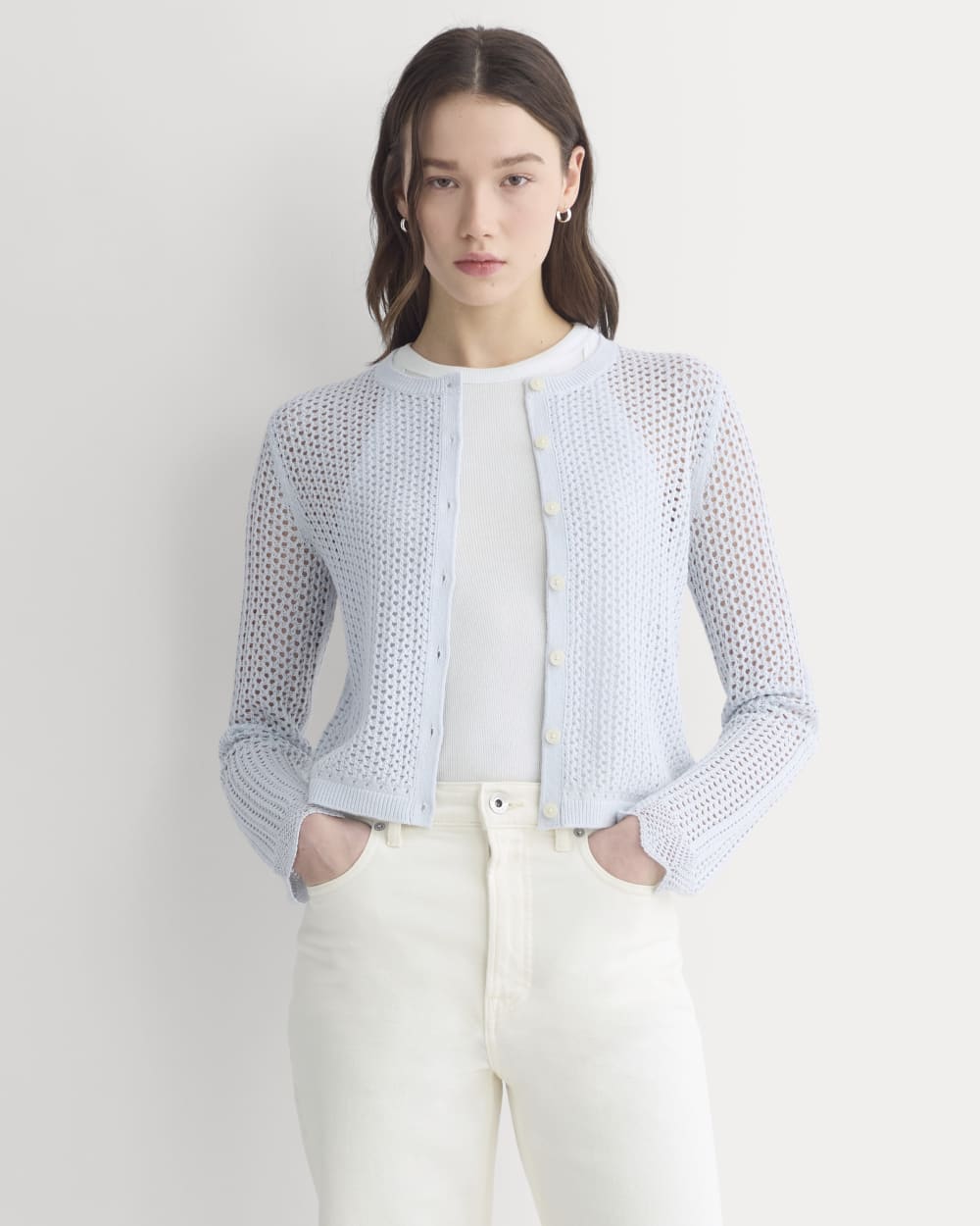 Lace-Knit Cardigan in Skywriting — front view